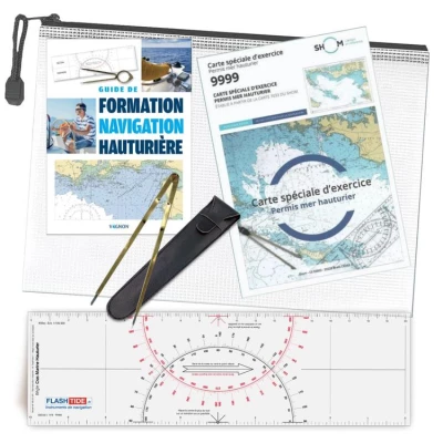 Pack officiel permis plaisance hauturier avec le manuel de formation navigation hauturi�re + R�gle Cras + Compas Laiton + Carte SHOM 9999 + Pochette de Rangement - FlashTide