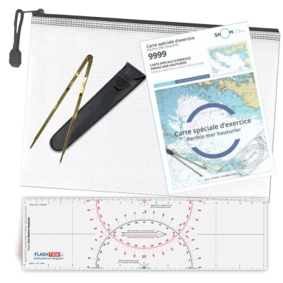 Pack officiel permis plaisance hauturier - R�gle Cras bicolore + Compas Laiton + Carte SHOM 9999 + Pochette de Rangement - FlashTide