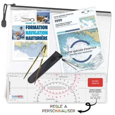 Pack officiel permis plaisance hauturier avec le manuel de formation navigation hauturi�re + R�gle Cras + Compas Laiton + Carte SHOM 9999 + Pochette de Rangement - FlashTide