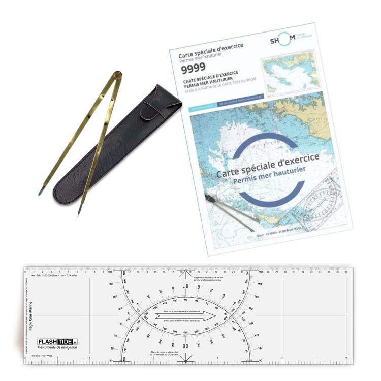 Pack officiel permis plaisance hauturier essentiel - Règle Cras noire + Compas Laiton + Carte SHOM 9999 - FlashTide