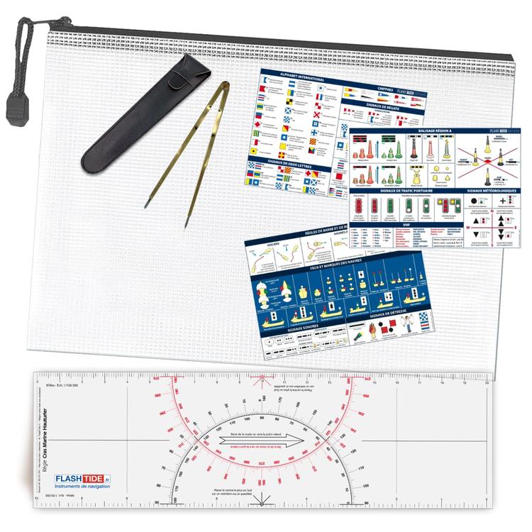 Pack navigation  Rgle Cras + Compas en laiton + 3 adhsifs RIPAM + pochette de rangement pour cartes marines - FlashTide