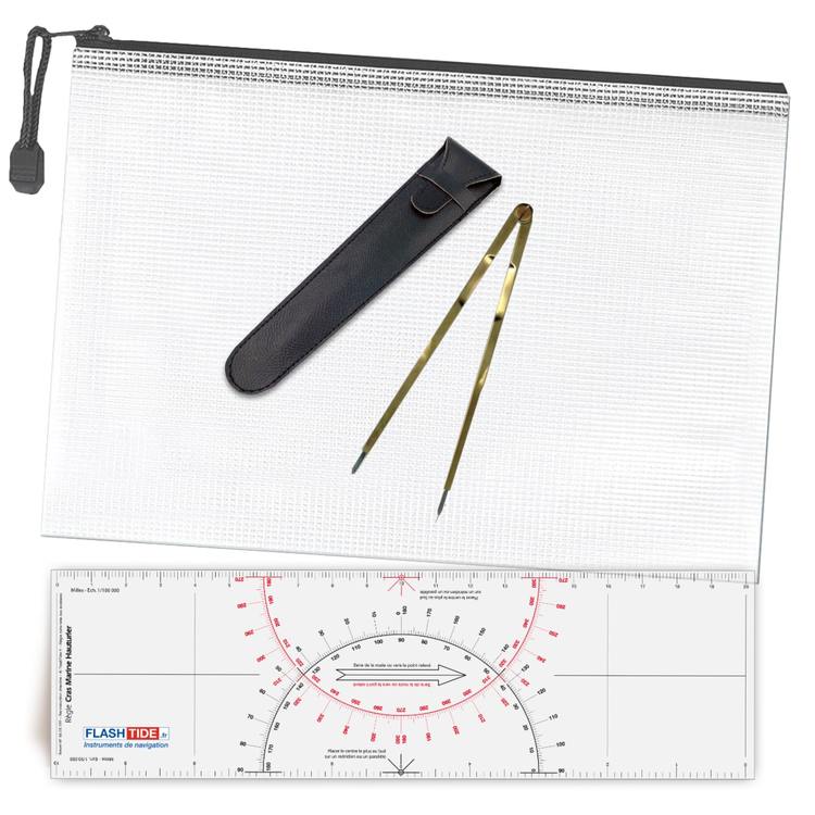 Pack navigation  Rgle Cras + Compas en laiton + Pochette range-cartes Shom - FlashTide