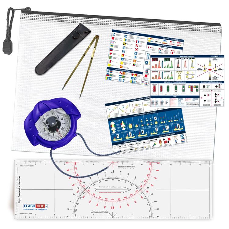 Pack navigation complet  Compas de relvement + Rgle Cras + Compas en laiton + 3 adhsifs RIPAM + pochette de rangement pour cartes marines - FlashTide